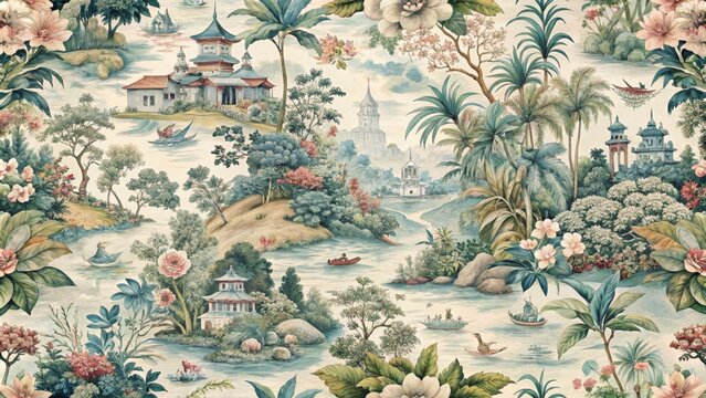Fototapeta Toile seamless pattern featuring intricate floral and scenic motifs, toile, seamless, pattern, fabric, vintage, traditional