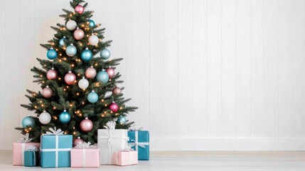 A beautifully decorated Christmas tree stands vibrant with ornaments and lights in a warm room