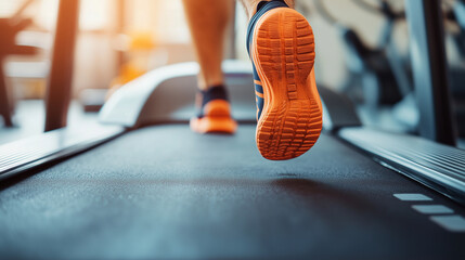 Naklejka premium Stopy mężczyzny biegającego na bieżni w siłowni są ukazane w zbliżeniu, pokazując każdy dynamiczny ruch. 