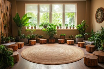 nature-inspired therapy space, the softly-lit rooms circular setup with nature decor fosters openness and introspection in group therapy