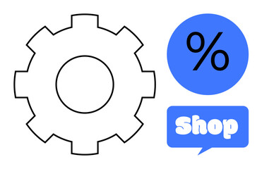 Large gear icon next to a blue percentage symbol and a blue speech bubble with the word Shop. Ideal for e-commerce, discounts, promotions, sales, and cyber themes. Minimalist vector style