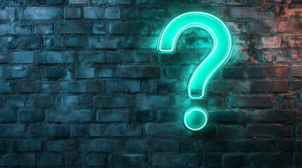 Obraz premium Neonowy znak zapytania na tle minimalistycznej ściany działa jak zachęta do interakcji. Świecący symbol, w żywych kolorach, odzwierciedla ducha otwartości na pytania i dyskusje.