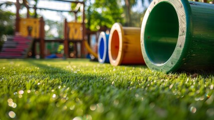 A spacious outdoor area complete with a grassy field playground equipment and agility courses for the dogs to exercise and play.