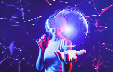 Female stand in cyberpunk neon light wear white VR headset and tank top connecting metaverse, future cyberspace community technology, She holding and see 3D hologram of global picture. Hallucination.