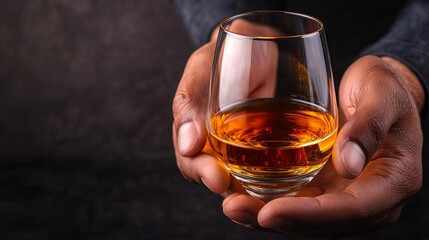 Exclusive whiskey tasting scene, hands holding a glass of aged scotch, dark, moody background with subtle gold accents, whiskey glass, highend scotch, exclusivity
