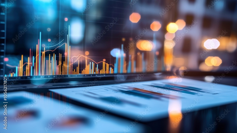 Poster financial data analysis with colorful graphs on a digital screen
