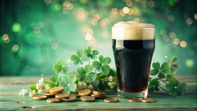 Dark beer with shamrocks and coins on green background - Powered by Adobe