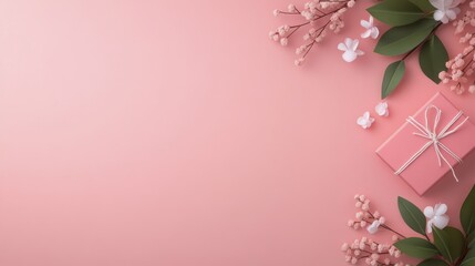 Fresh flowers and green leaves arranged on a pink background for creative design projects