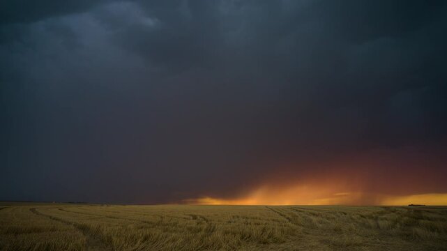 Colorful sunset thunderstorm with lightning flashing over fields