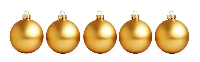 Five shiny gold Christmas ornaments PNG arranged in a row, perfect for holiday decorations, festive cards, or winter-themed designs.
