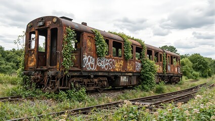 Fototapeta premium Rusty abandoned locomotive covered in graffiti nature reclaiming broken tracks