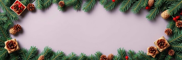Fototapeta premium Christmas border featuring green fir branches and brown pine cones, branches, brown