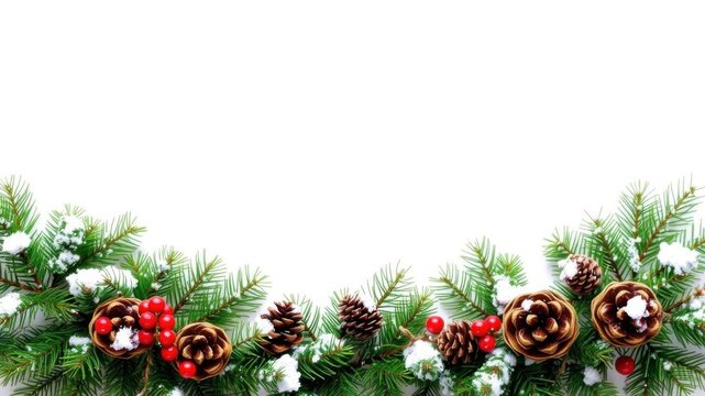 Christmas border featuring lush fir branches and rustic pine cones, seasonal, border