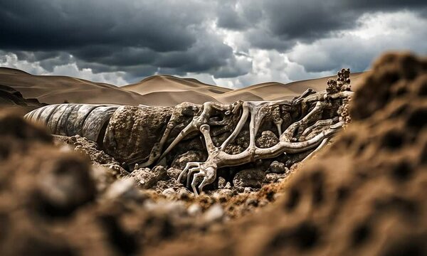 Dinosaur fossil under the ground.