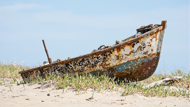 Abandoned boat on sandy shore rusted and covered in barnacles leaning to one side