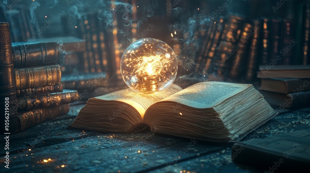 Poster old open book with a glowing lightbulb representing knowledge and ideas