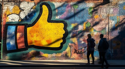 Naklejka premium A colorful thumbs-up mural on a brick wall adds vibrancy to the lively urban atmosphere.