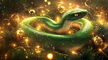 Fototapeta premium A striking green snake is coiled gracefully among sparkling lights and golden ornaments, evoking a magical holiday atmosphere. The scene captures the essence of celebration and nature in harmony.