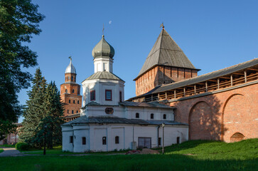 Church of the Intercession of the Virgin in Detinets, on a sunny summer morning.