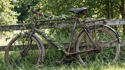 Fototapeta premium Rusted bicycle overgrown with ivy against a fence in sunlight