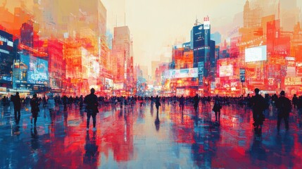 Pedestrians walk through a city street at night with brightly colored lights