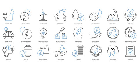 Green energy icons set. Set of editable stroke icons.Set of Green energy