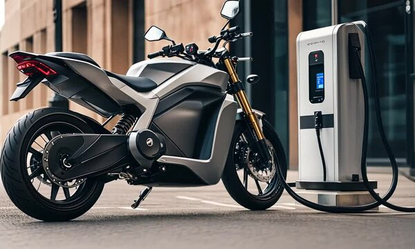 Electric motorcycle charging in an EV Charger.