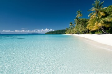 A serene tropical beach setting with crystal clear water and palm trees under a bright sky