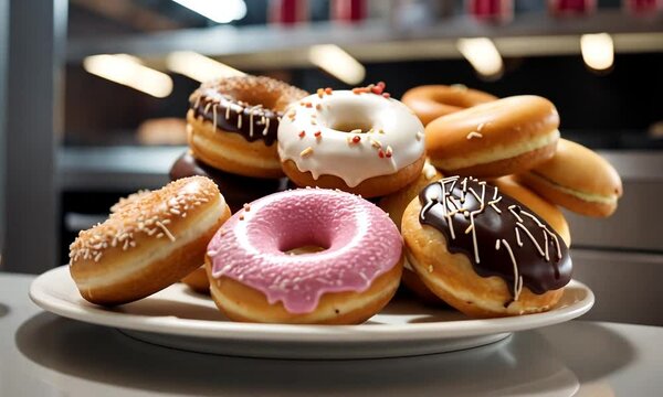 View of a donut shop. Wide variety of sweet and glazed donuts.