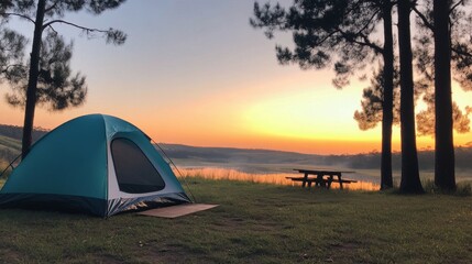 Camping at dawn with a tent set up in a sunlit grassy field surrounded by trees