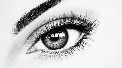Fototapeta premium A black-and-white photo of a woman's eye with long lashes and a pencil drawing of her eye
