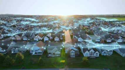 American neighborhood with infrastructure network internet connections above houses. Aerial at...
