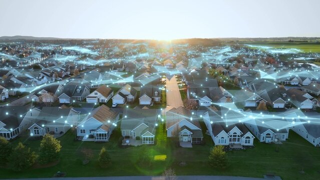 American neighborhood with infrastructure network internet connections above houses. Aerial at golden hour. 3D graphic of technology
