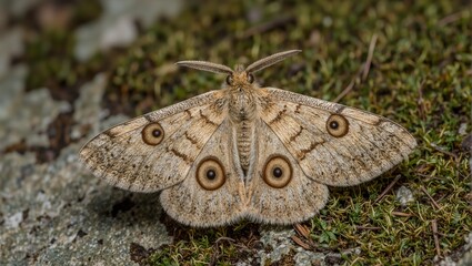 Close up of moth on mossy rock wings displaying intricate patterns and eye like markings