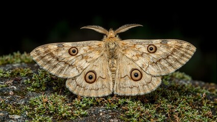 Fototapeta premium Close up of moth on mossy rock wings displaying intricate patterns and eye like markings