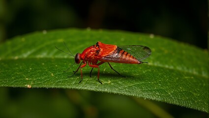 Naklejka premium Vibrant red firefly on leaf glowing abdomen glossy body delicate wings folded veins on leaf