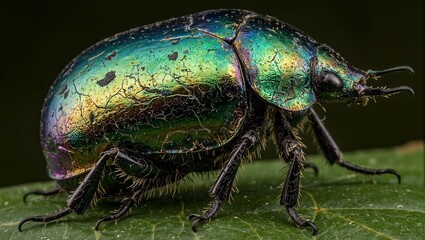 Fototapeta premium Vibrant scarab beetle with iridescent green purple and gold shell on a leaf