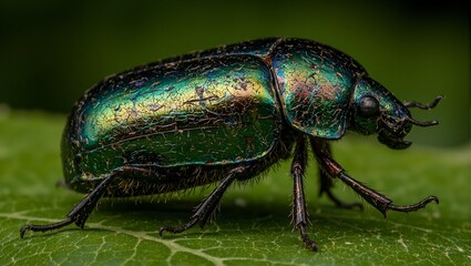 Fototapeta premium Vibrant scarab beetle with iridescent green purple and gold shell on a leaf