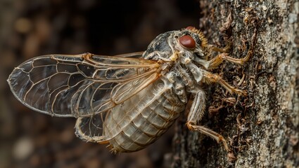 Macro shot of cicada shedding exoskeleton revealing delicate wings and glossy eyes