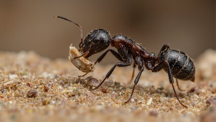 Macro view of determined ant carrying seed showcasing detailed exoskeleton