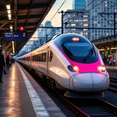 Naklejka premium Modern high speed red passenger commuter train. Railway station