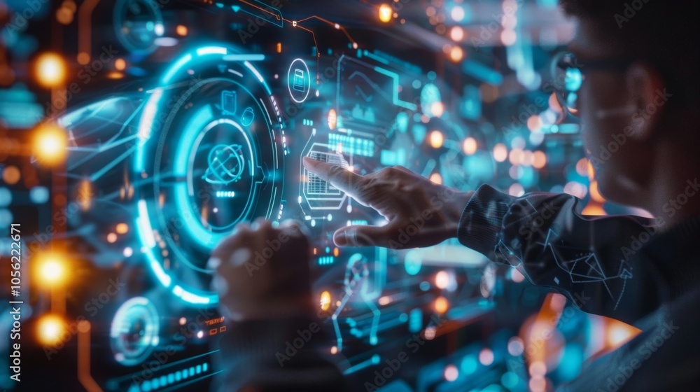 Poster engineer interacts with a futuristic touchscreen interface, manipulating holographic data and graphi