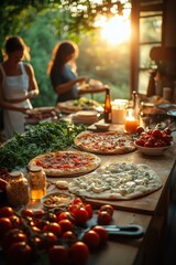 Several pizzas are on a table with tomatoes and other food, family gathering around the table to prepare homemade pizzas