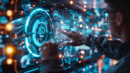 Engineer interacts with a futuristic touchscreen interface, manipulating holographic data and graphical elements in a technologically advanced environment