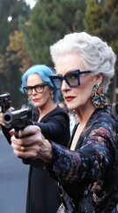 Fototapeta premium Do not make your grandmother angry. Grandma can respond. Comic portrait of old-aged grandma in whiye sportive outfit and dark sunglasses holding sniper rifle