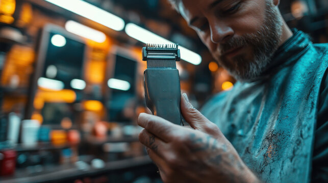 Professional barber examining clipper tool in barbershop, modern grooming, hairstyling equipment, hairdresser preparing for haircut, beard trimming, detailed close-up, barbering tools