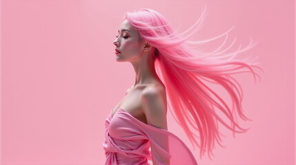 Naklejka premium The woman stands elegantly in profile against a pastel pink background, her long pink hair cascading around her, creating a captivating and ethereal look that highlights her pose and attire