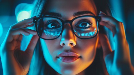 Close-up of a woman with glasses reflecting digital screen