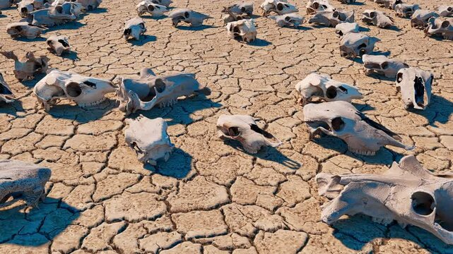 A camera passing over a desert wasteland, with animal skulls scattered across the cracked earth in a sun-scorched, apocalyptic landscape.