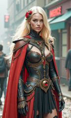 Obraz premium A fantasy warrior with flowing blonde hair and ornate armor stands confidently in a busy urban street